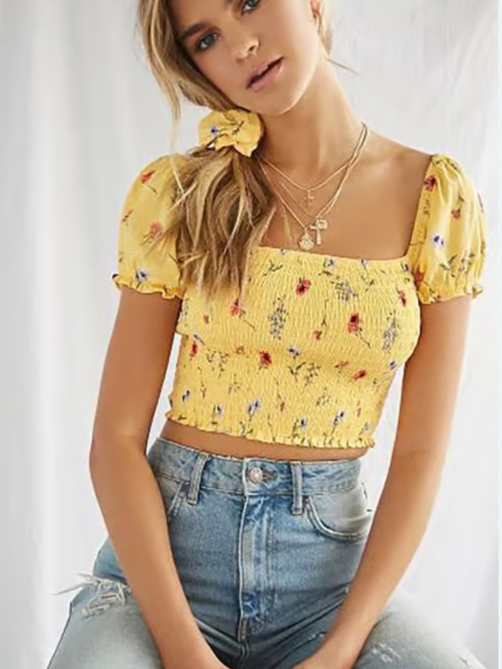 FOREVER 21 Top Crop Rayon Ditzy Floral Colorful Yellow Blue Red Size Medium
